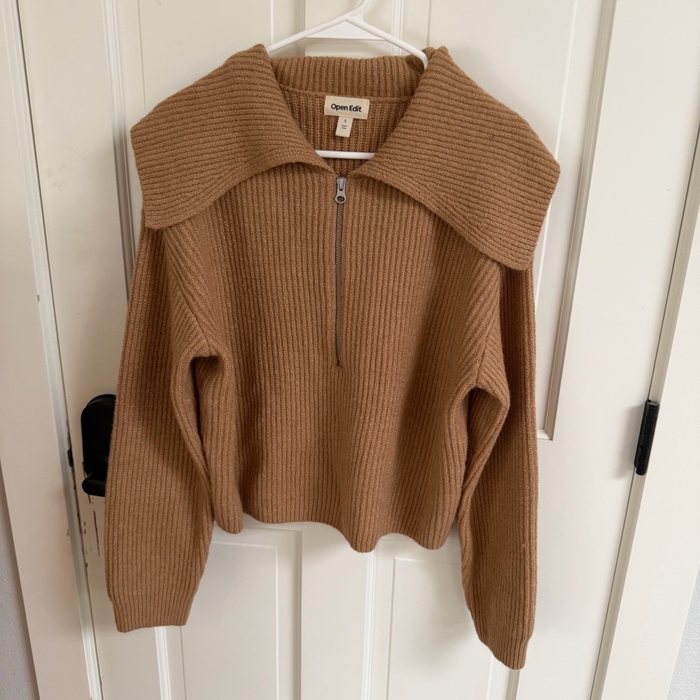 Brown Nordstrom Open Edit Ribbed Half-Zip Sweater